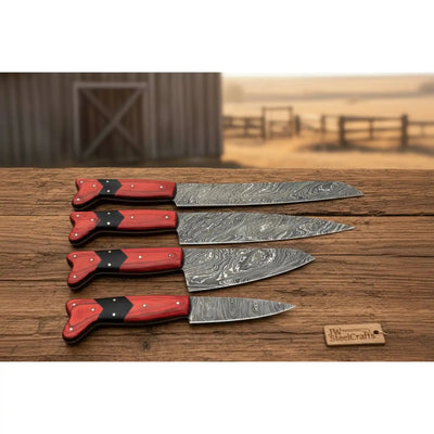 Handmade Red Wood Handle Damascus Kitchen Knife Set - 4 Piece Carving Chef Utility