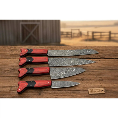 Handmade Red Wood Handle Damascus Kitchen Knife Set - 4 Piece Carving Chef Utility