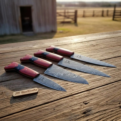 Handmade Red Wood Handle Damascus Kitchen Knife Set - 4 Piece Carving Chef Utility