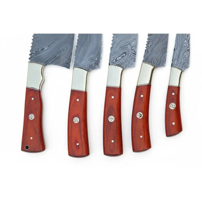 Handmade Damascus Steel Kitchen Knife Set with Leather Roll - 5 Pieces