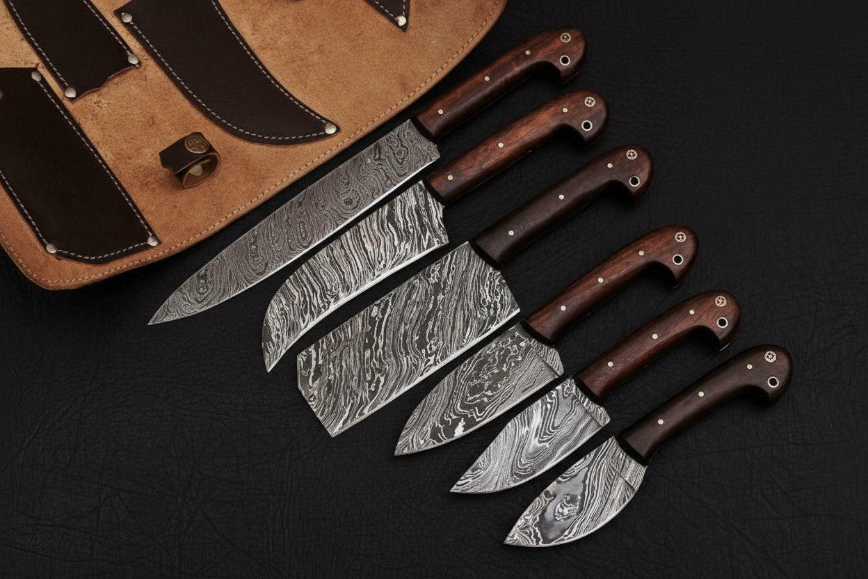 6-Piece Damascus Knife Set with Leather Roll
