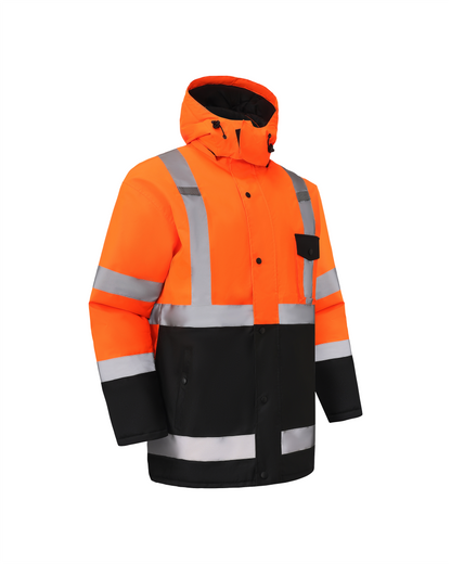 High Visibility Hooded & Quilt Lined ANSI/ISEA 107-2020, Type R, Class 3 Two Tone Water Resistant Orange Safety Jacket [R71400]