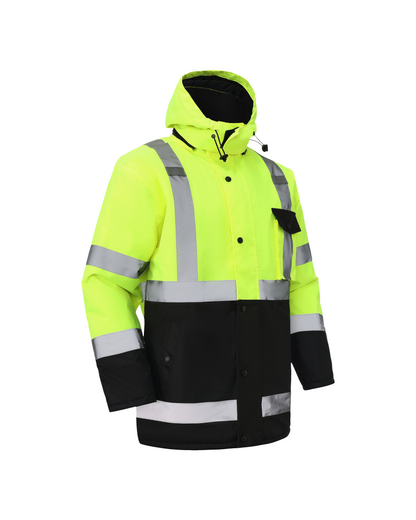 High Visibility Hooded & Quilt Lined ANSI/ISEA 107-2020, Type R, Class 3 Two Tone Water Resistant Neon Safety Jacket [R71300]