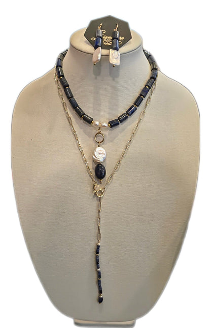 Lapis Lazuli and Freshwater Pearls Necklace Set