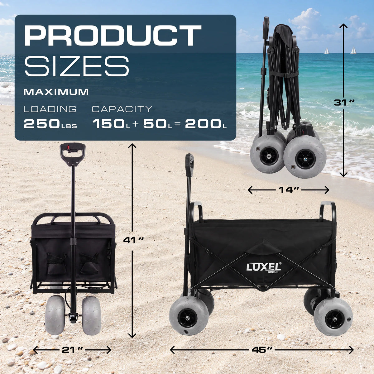 Electric Beach Wagon 500W – Motorized Folding Cart with Balloon Wheels Black