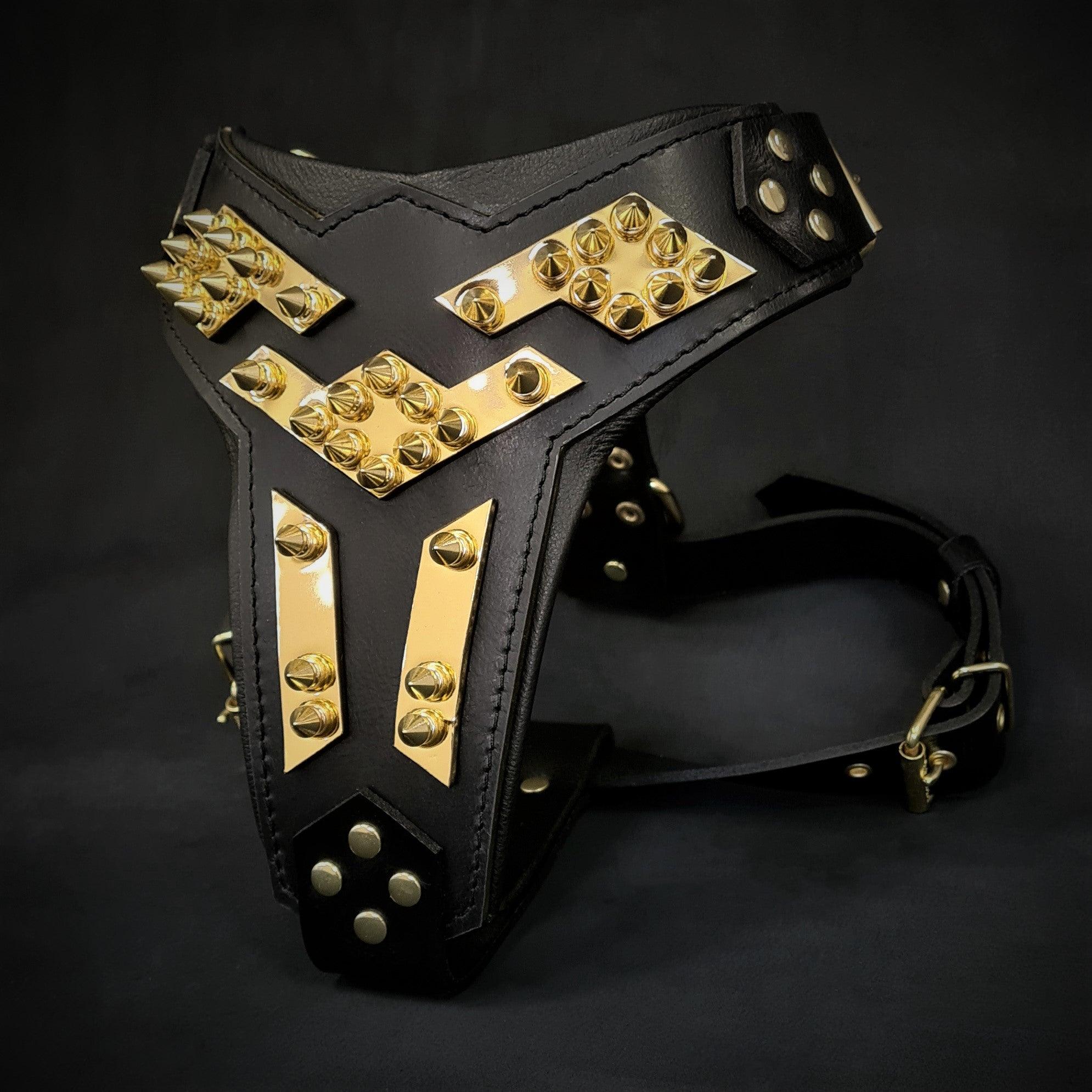 The "Midas" Leather Dog Harness. Gold
