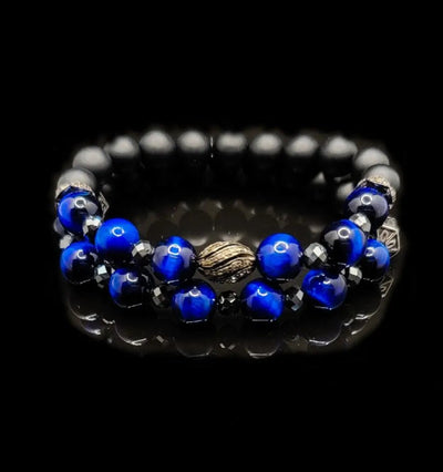 Men's Blue Tiger Eye and Black Diamonds Bracelet Set