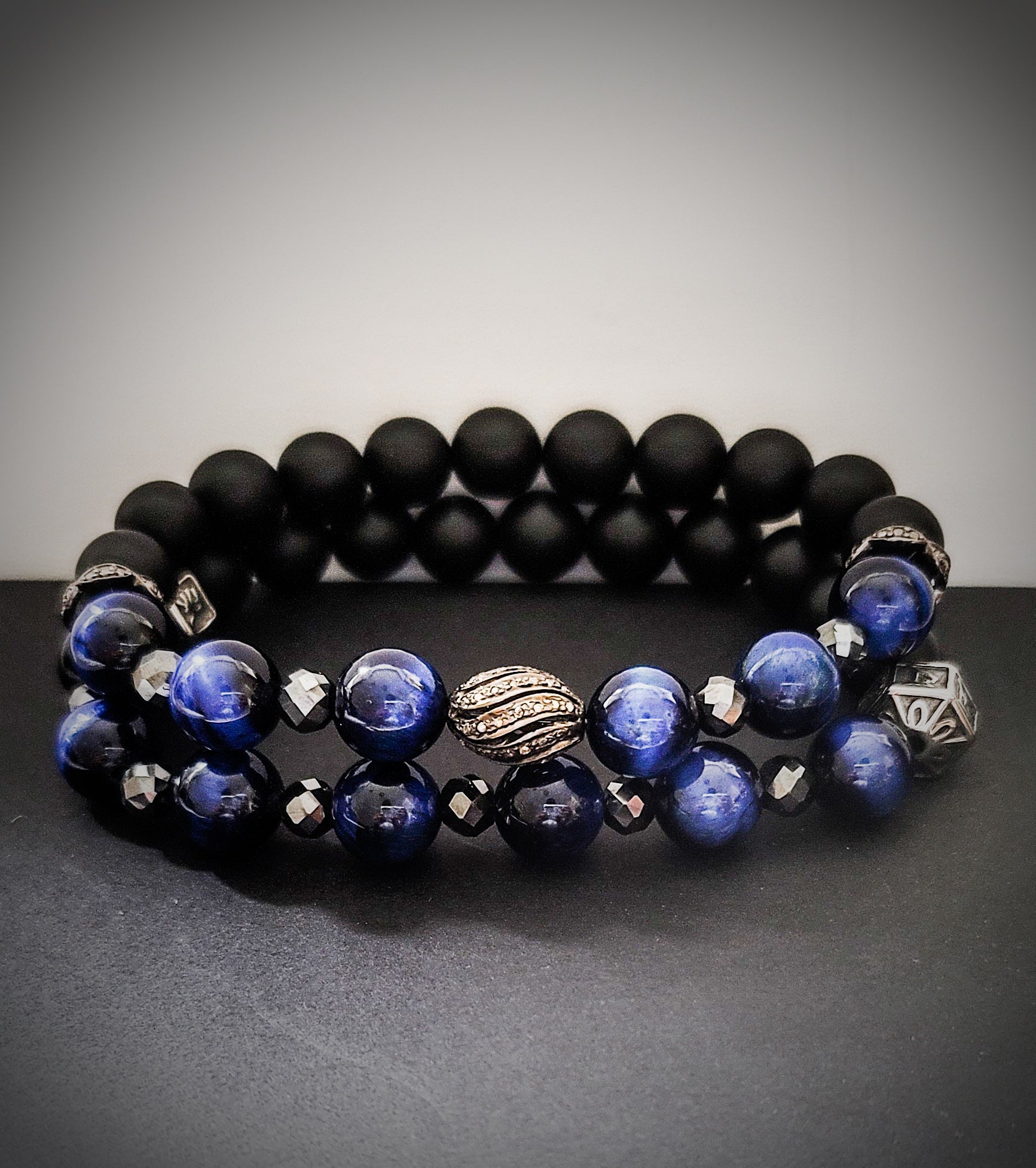 Men's Blue Tiger Eye and Black Diamonds Bracelet Set