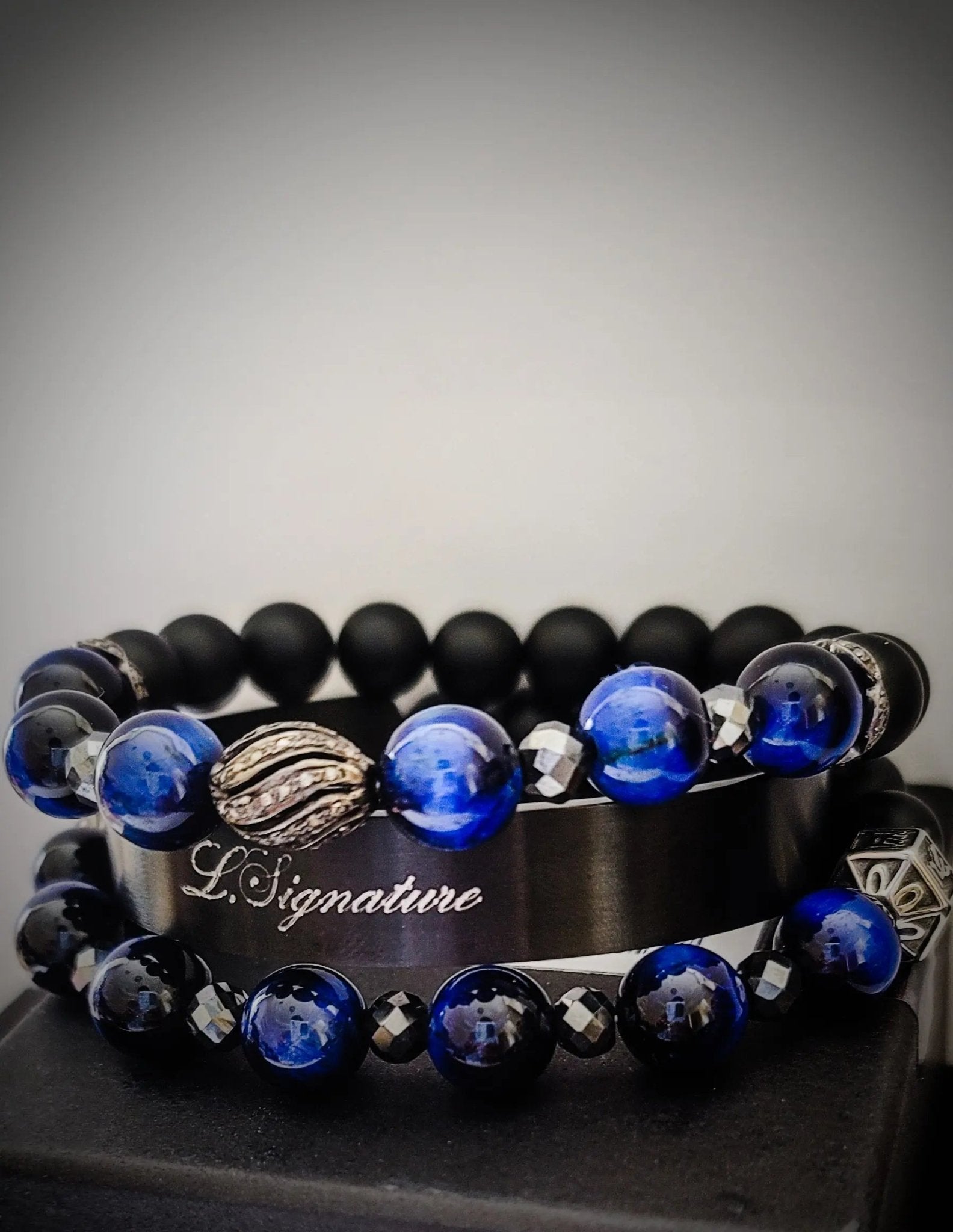 Men's Blue Tiger Eye and Black Diamonds Bracelet Set