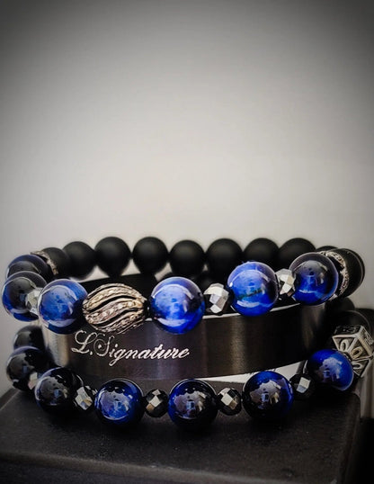 Men's Blue Tiger Eye and Black Diamonds Bracelet Set