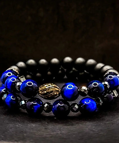 Men's Blue Tiger Eye and Black Diamonds Bracelet Set