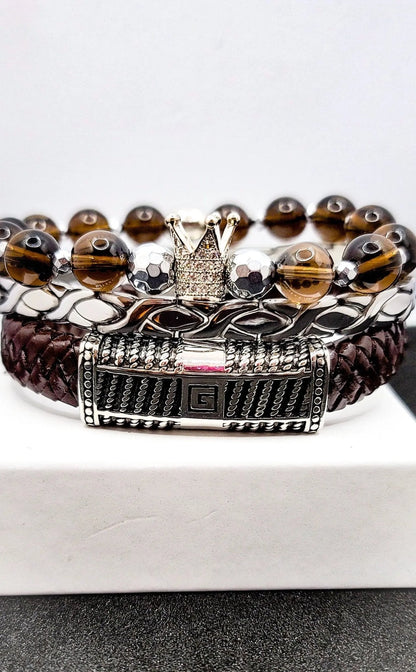 Men's Smoky "Silver" Quartz Bracelet Set