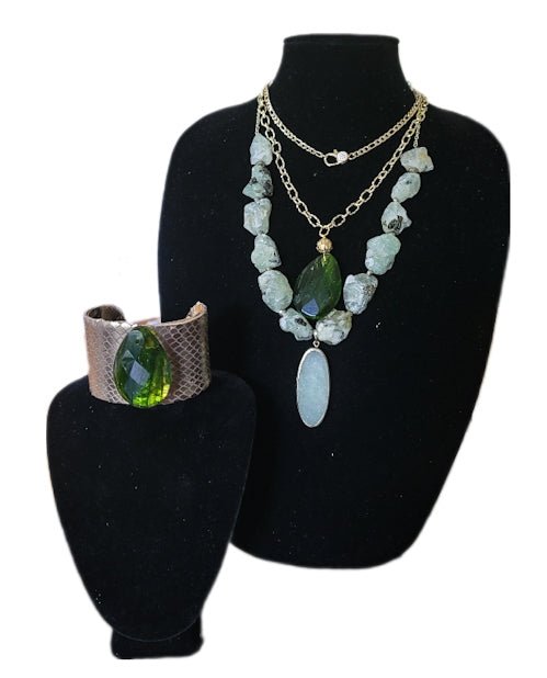Natural Prehnite and Green Amber Layer Necklace Set