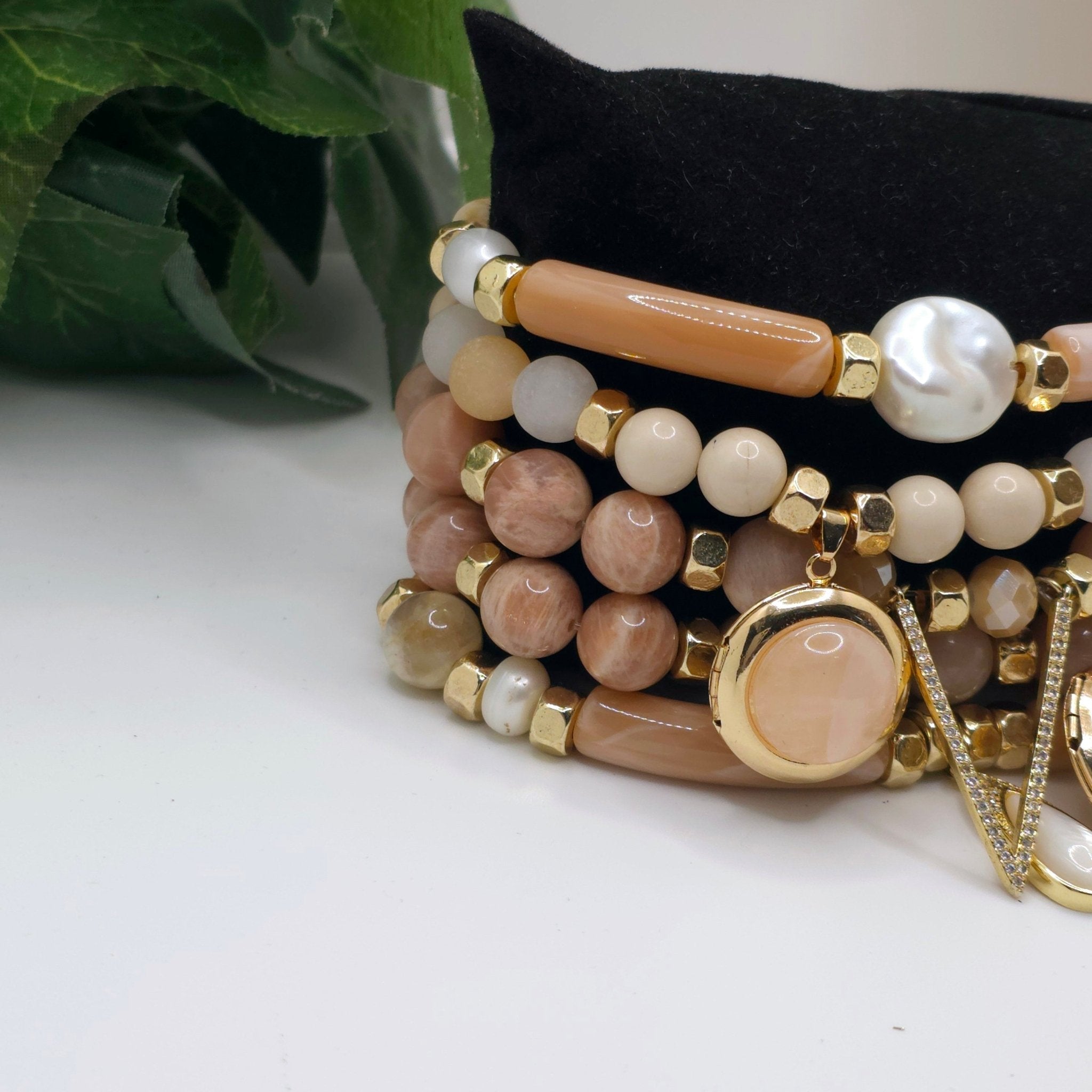 Natural Sunstone and Peach Moonstone Bracelet Set
