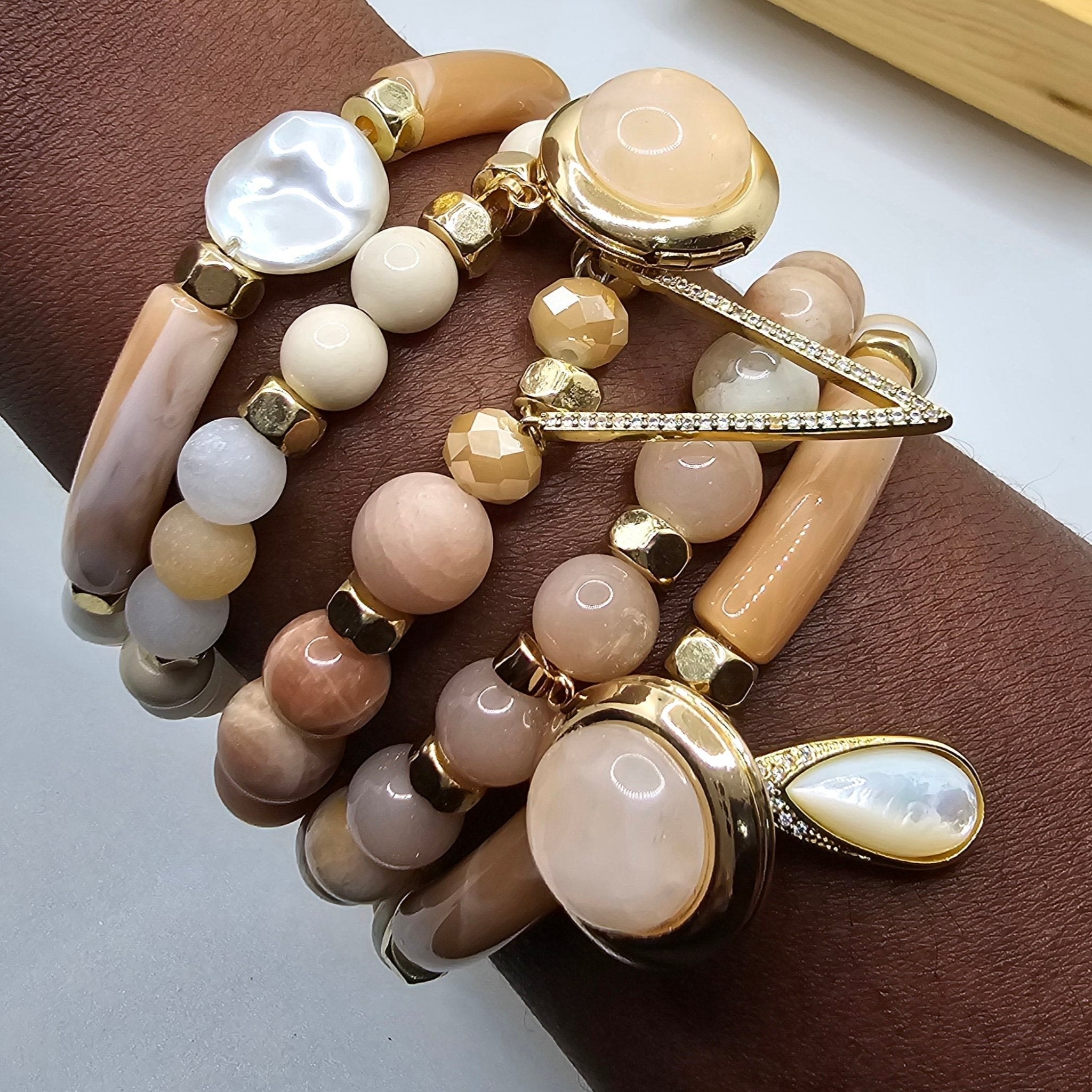 Natural Sunstone and Peach Moonstone Bracelet Set