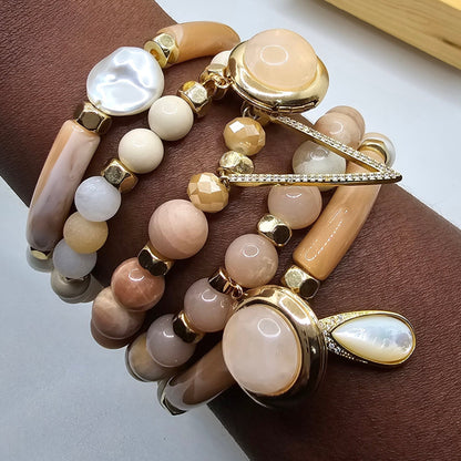 Natural Sunstone and Peach Moonstone Bracelet Set