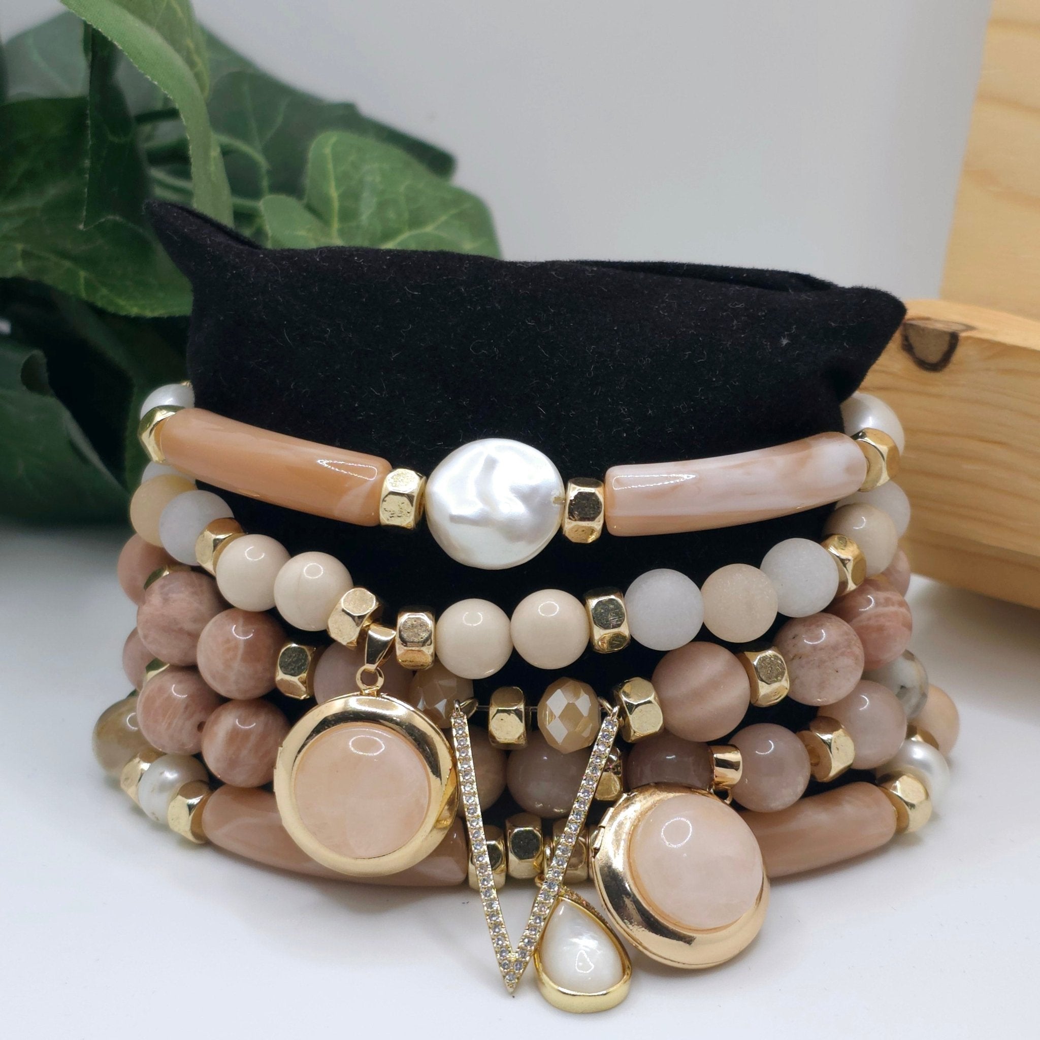 Natural Sunstone and Peach Moonstone Bracelet Set