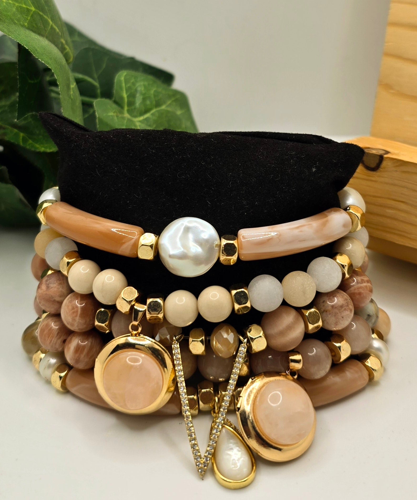 Natural Sunstone and Peach Moonstone Bracelet Set