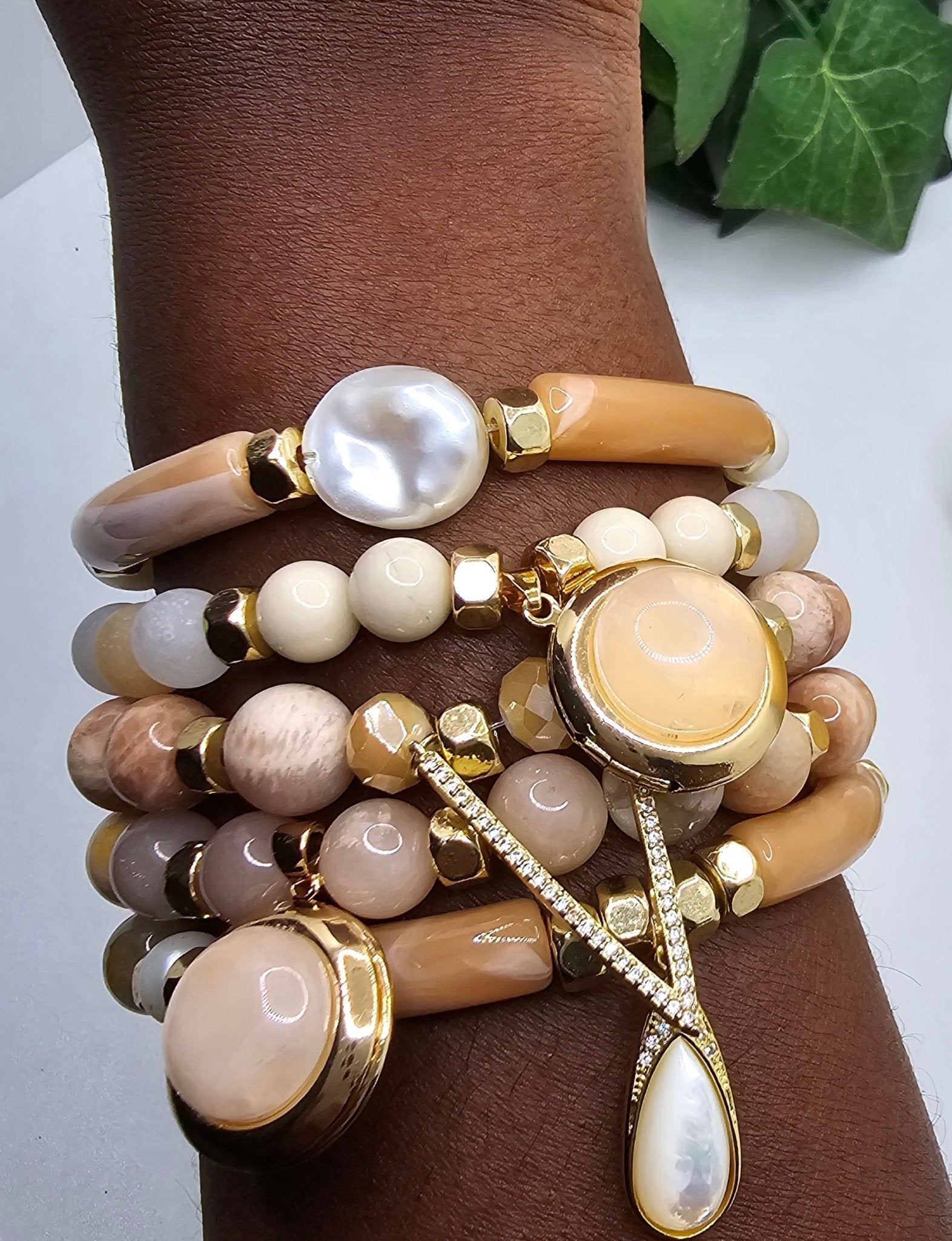 Natural Sunstone and Peach Moonstone Bracelet Set