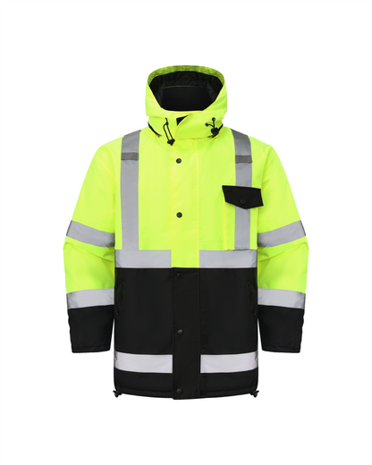 High Visibility Hooded & Quilt Lined ANSI/ISEA 107-2020, Type R, Class 3 Two Tone Water Resistant Neon Safety Jacket [R71300]