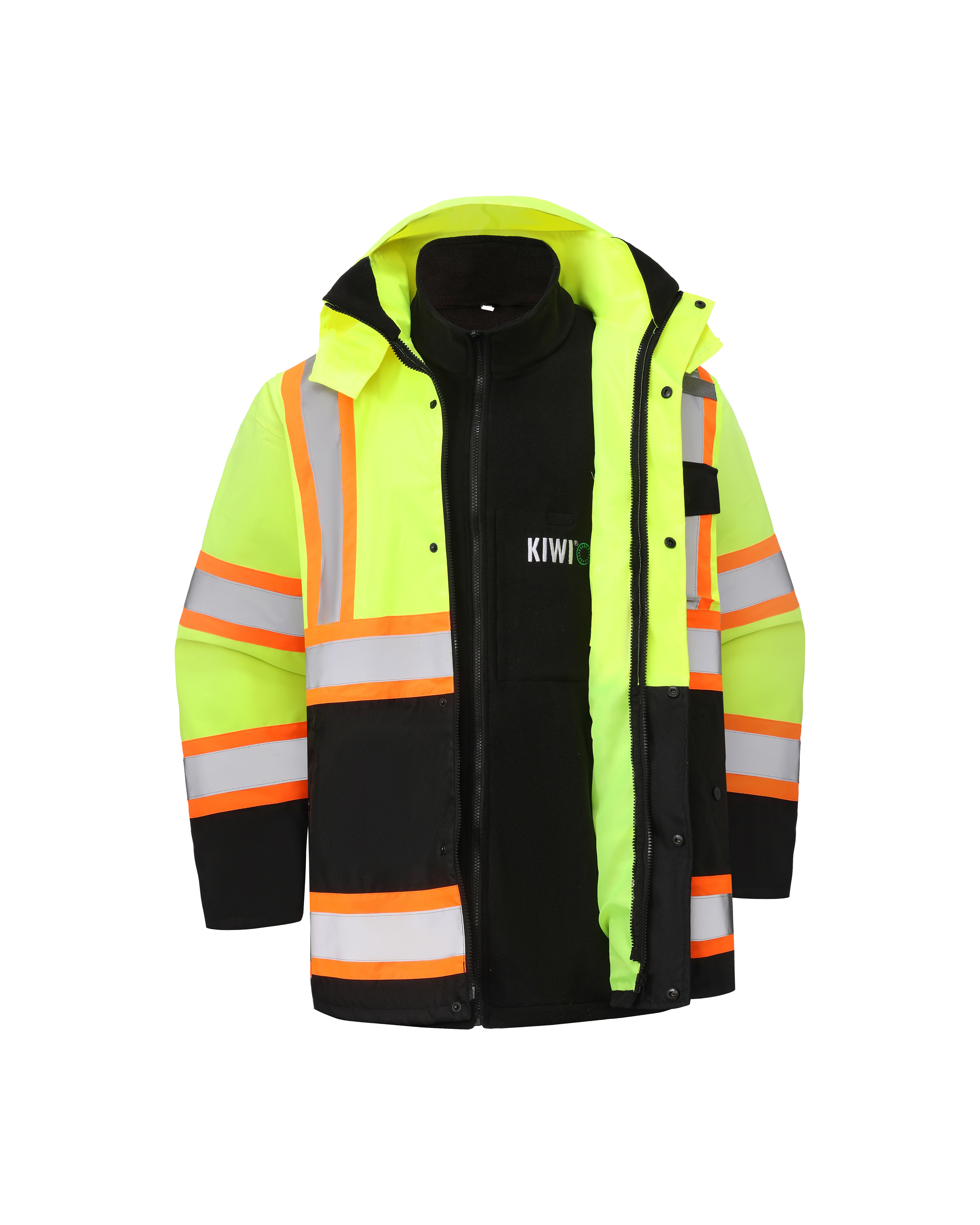 High Visibility 3-in-1 Hooded & Fleece Lined ANSI/ISEA 107-2020, Type R, Class 3 Two Tone, Contrast Trimmed Water Resistant Neon Safety Jacket [R71500]