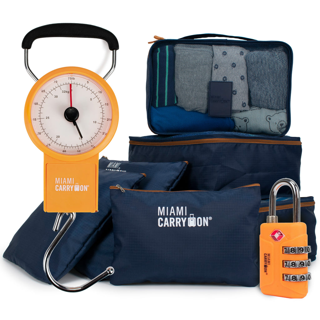 Packing cubes, TSA-approved lock & mechanical luggage scale. Organize, secure & weigh your luggage - navy & orange variant