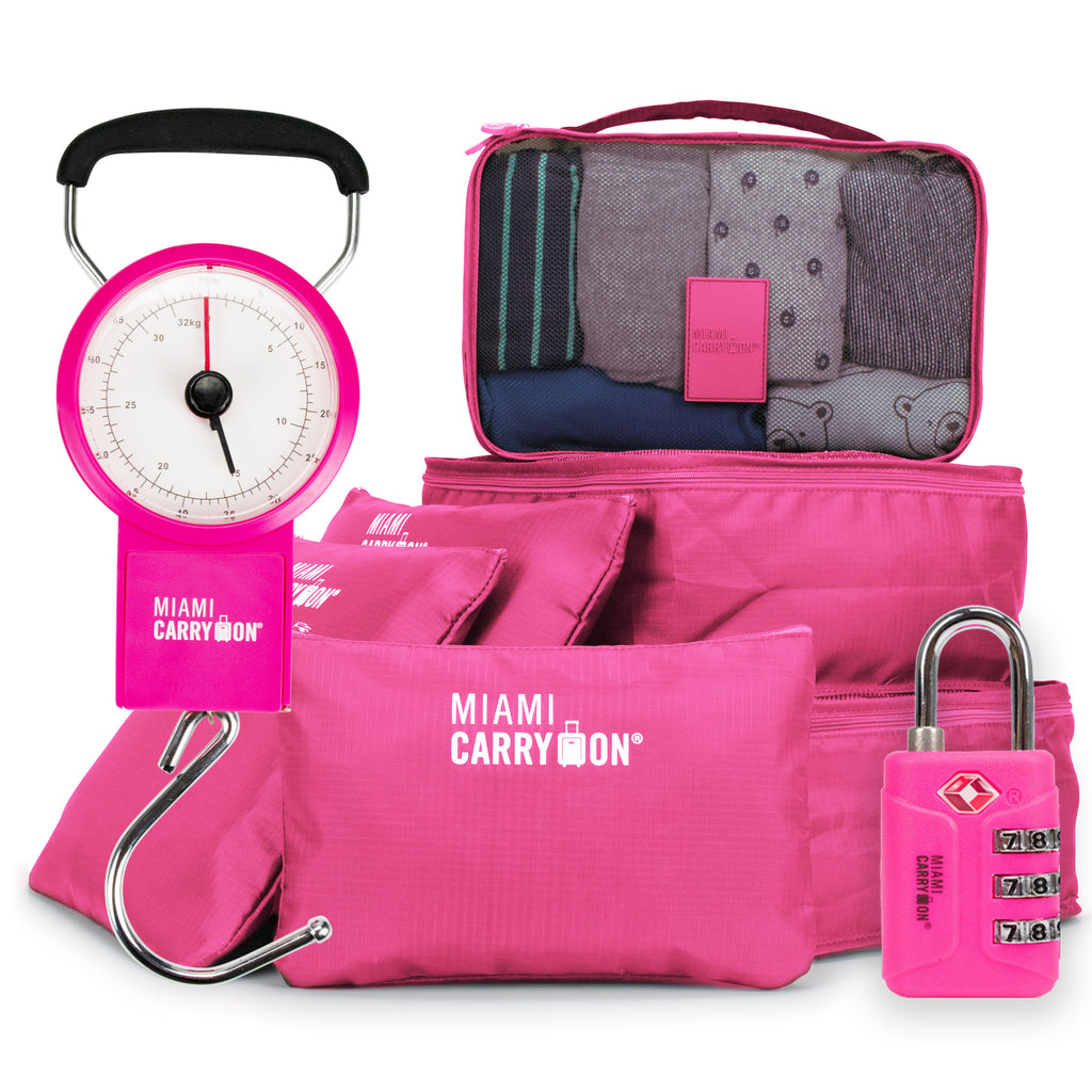 Packing cubes, TSA-approved lock & mechanical luggage scale. Organize, secure & weigh your luggage - pink variant