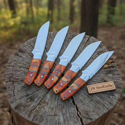 Handmade Artisan Scandi Bushcraft Knife of Set 5-Piece with Scandi Grind & Orange Resin Handles