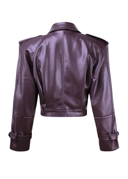 Cropped Purple Faux Leather Moto Jacket with Belt