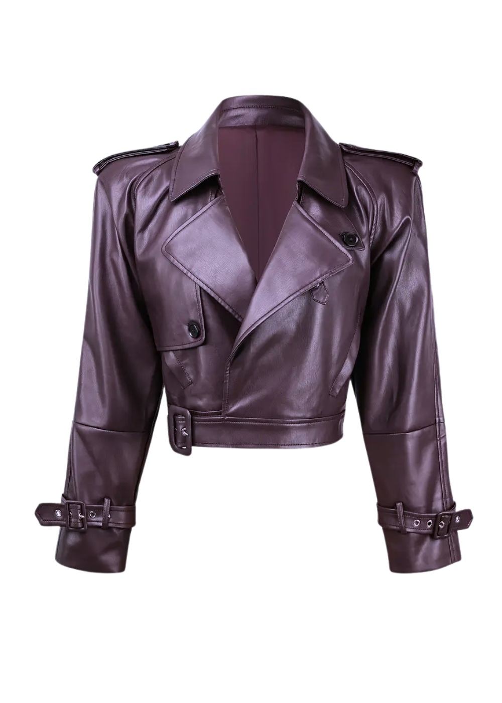 Cropped Purple Faux Leather Moto Jacket with Belt