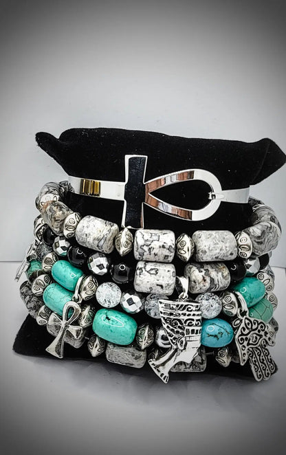 Queen Nefertiti Map Stone Jasper and Turquoise Bracelet Set