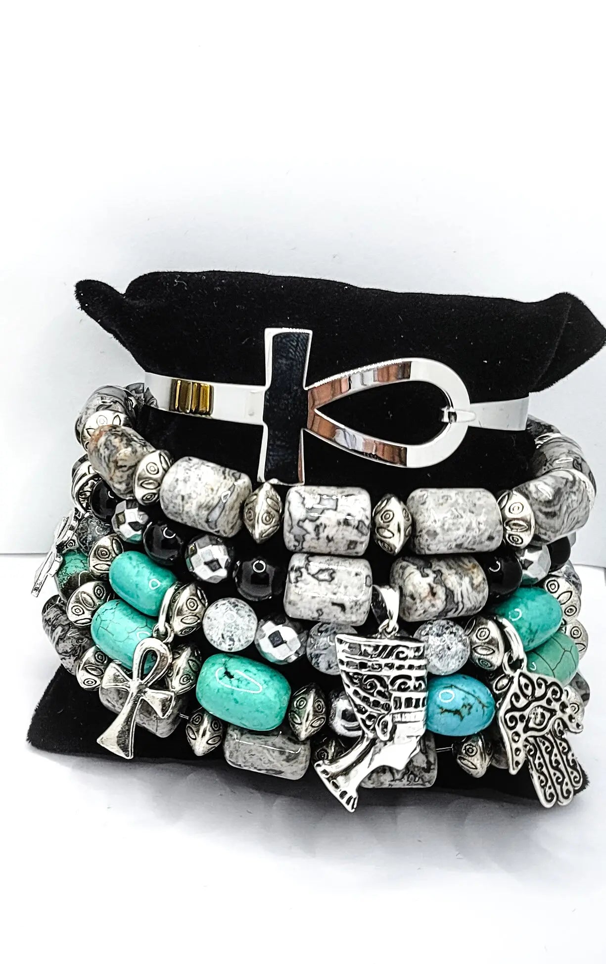 Queen Nefertiti Map Stone Jasper and Turquoise Bracelet Set