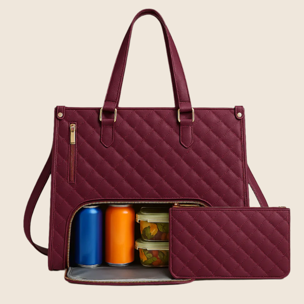Quilted purple handbag with compartments containing colorful items on a beige background