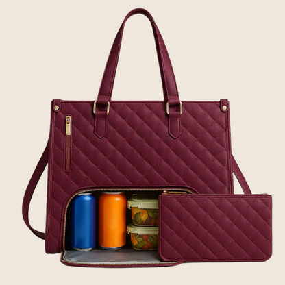 Quilted purple handbag with compartments containing colorful items on a beige background