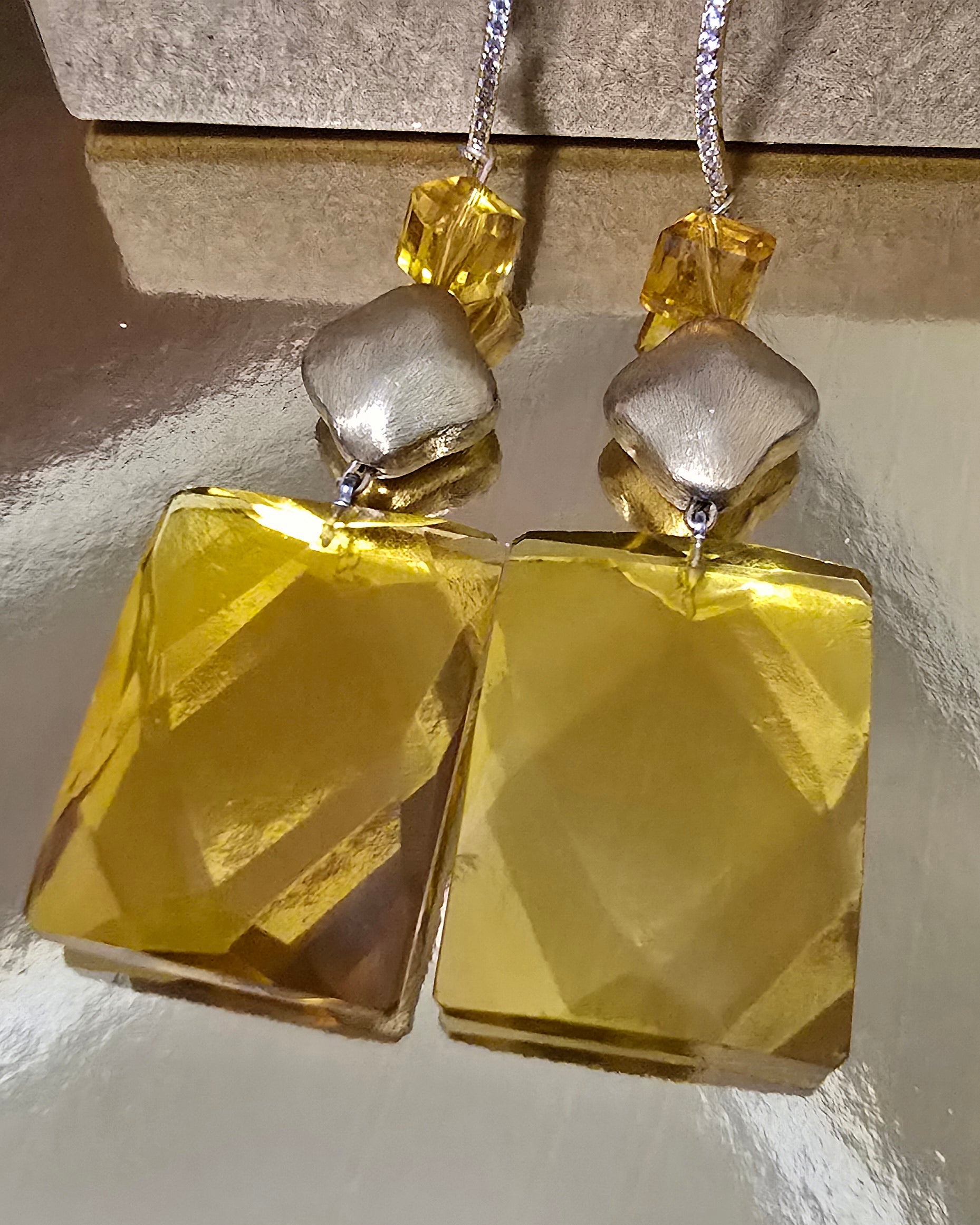 Natural Citrine and 14k Gold Over Silver Diamond Drop Earrings