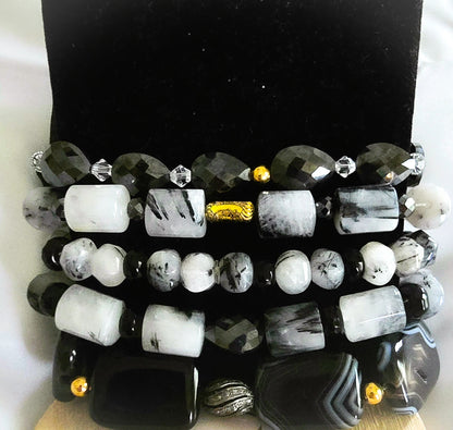 Tourmaline Quartz and Black Moissanite Bracelet Set