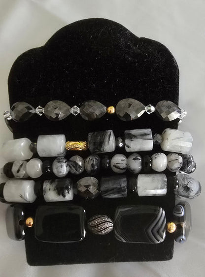 Tourmaline Quartz and Black Moissanite Bracelet Set