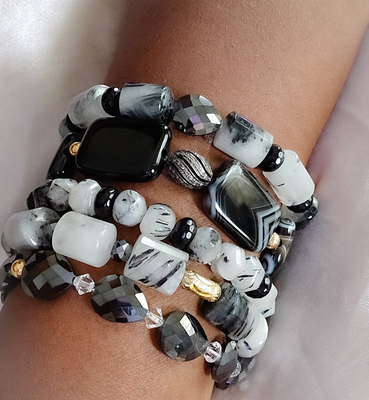 Tourmaline Quartz and Black Moissanite Bracelet Set