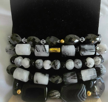Tourmaline Quartz and Black Moissanite Bracelet Set
