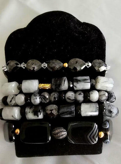 Tourmaline Quartz and Black Moissanite Bracelet Set