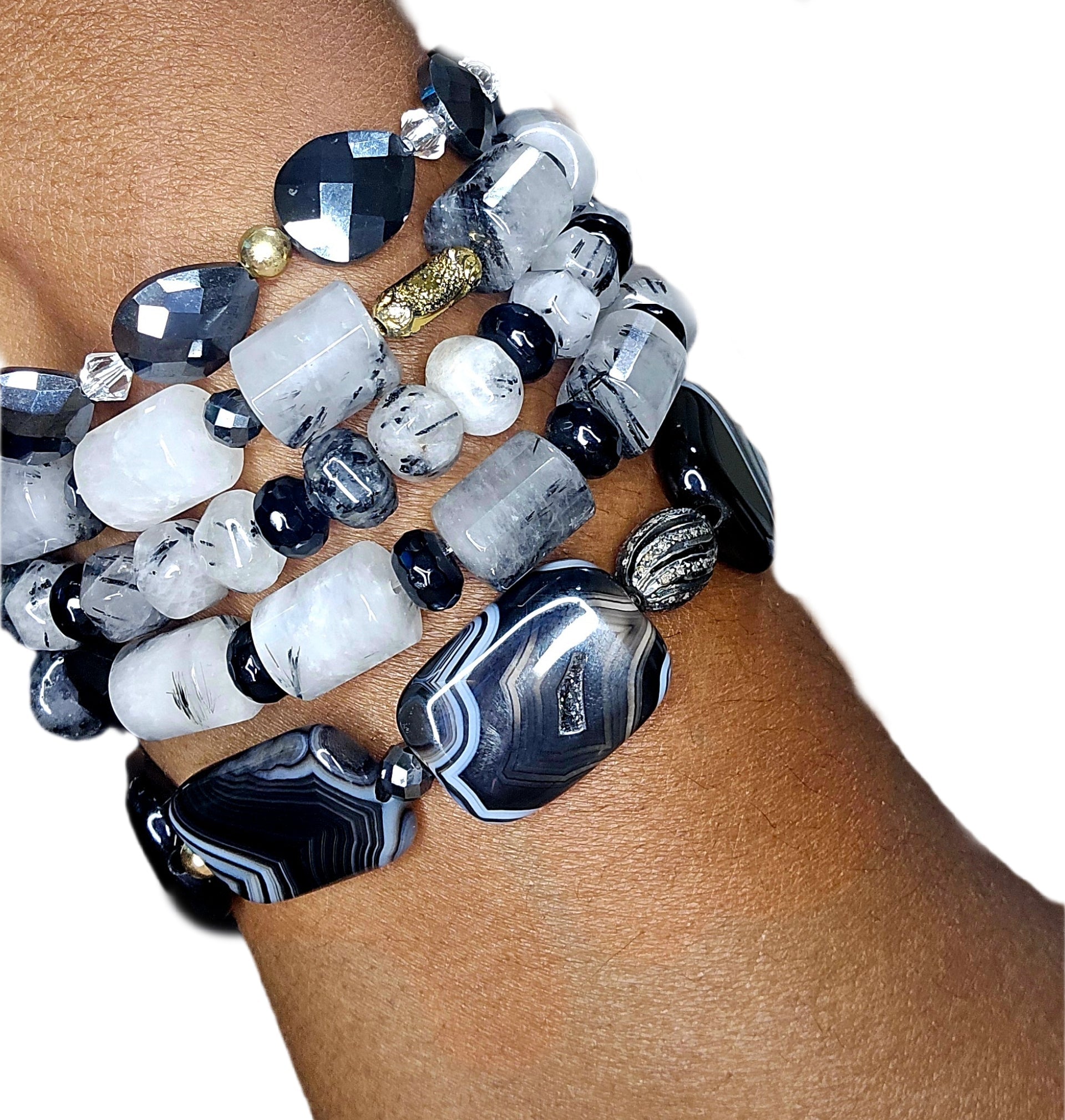 Tourmaline Quartz and Black Moissanite Bracelet Set