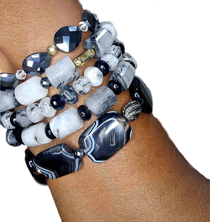 Tourmaline Quartz and Black Moissanite Bracelet Set
