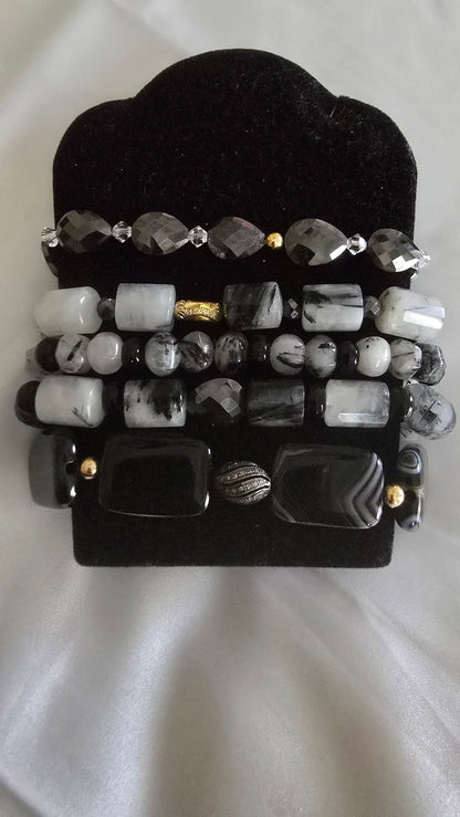 Tourmaline Quartz and Black Moissanite Bracelet Set
