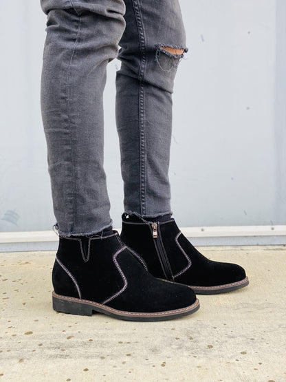 Y41082 - 3.2 Inches Taller (Nubuck Black) - Zipper Men's Boots
