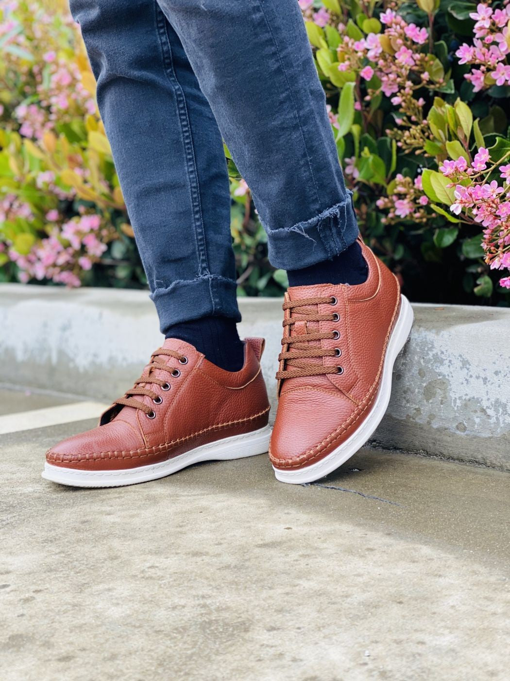 S4313 - Casual 3 Inch Leather Elevator Men's Sneakers - Brown