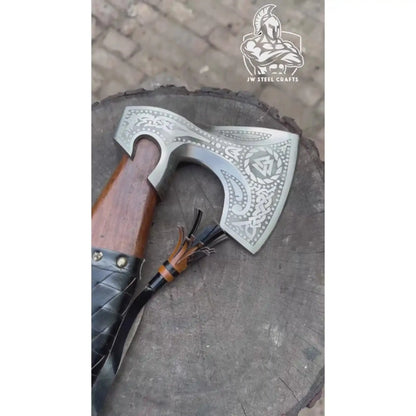 Viking Axe with Leather Wrapped Handle & Engraved Head – JW SteelCrafts