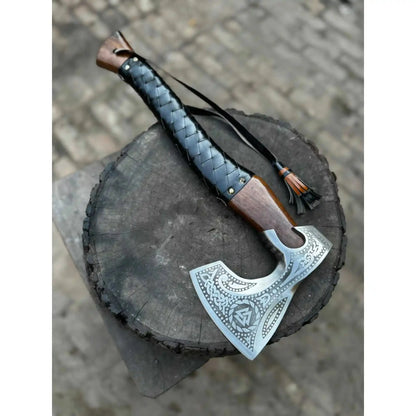 Viking Axe with Leather Wrapped Handle & Engraved Head – JW SteelCrafts