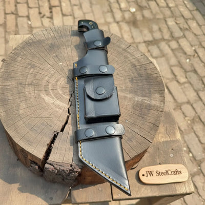 Handmade Damascus Tracker Knife 12” Sawback Blade Survival Knife Black resin Handle & Sheath