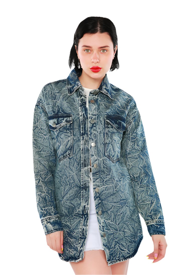 Wrinkled Acid Wash Denim Shacket