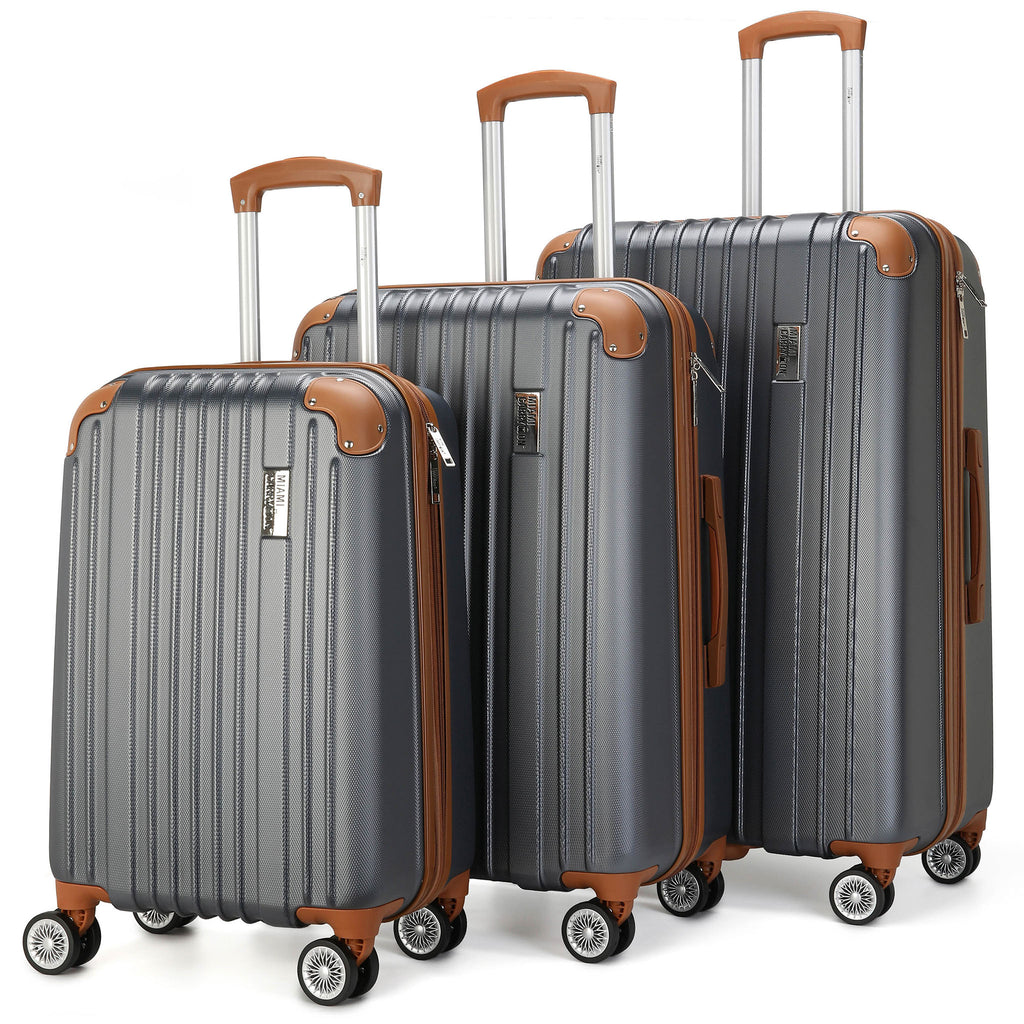 grey luggage 2 piece set with brown accents and corner guards by miami carry on